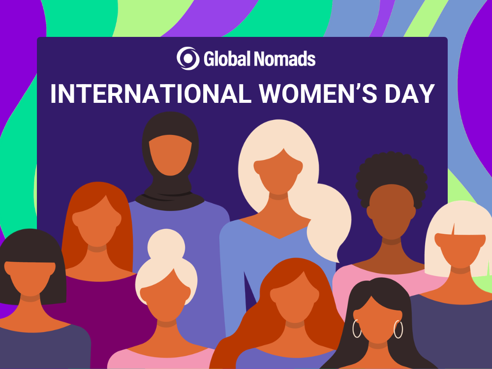 International Women's Day Image with diverse women illustrations and a purple and green background