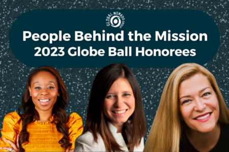 A promotional graphic set against a dark, speckled background. At the top, a large dark purple rounded rectangle contains the Global Nomads Group logo in white, followed by the text "People Behind the Mission" and "2023 Globe Ball Honorees" in bold white lettering. Below the rectangle are headshots of three smiling women arranged side-by-side. They are Joy Allen-Altimare, Veronica Villasenor, and Suzanne Heidelberger