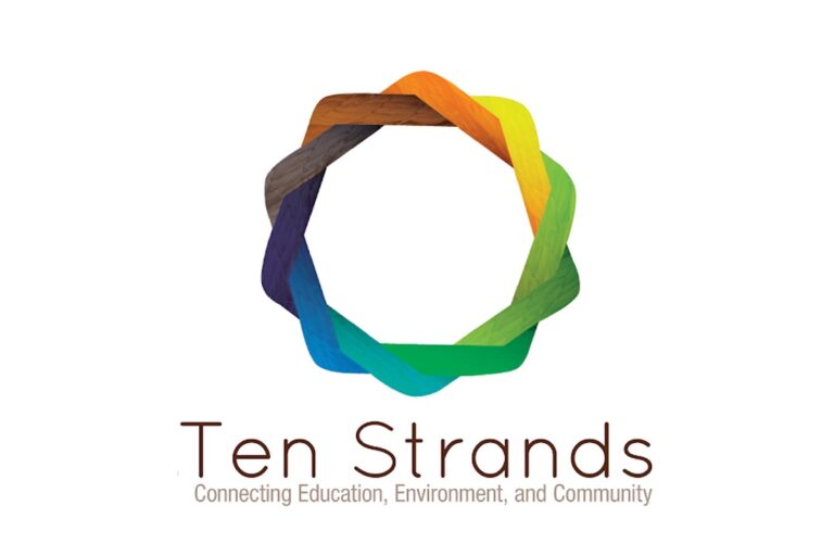 The logo for Ten Strands, featuring a circular emblem composed of ten interlocking woven segments in a spectrum of colors including brown, orange, yellow, green, teal, blue, and purple. Below the emblem, the text "Ten Strands" is written in a dark brown font, followed by the tagline "Connecting Education, Environment, and Community."